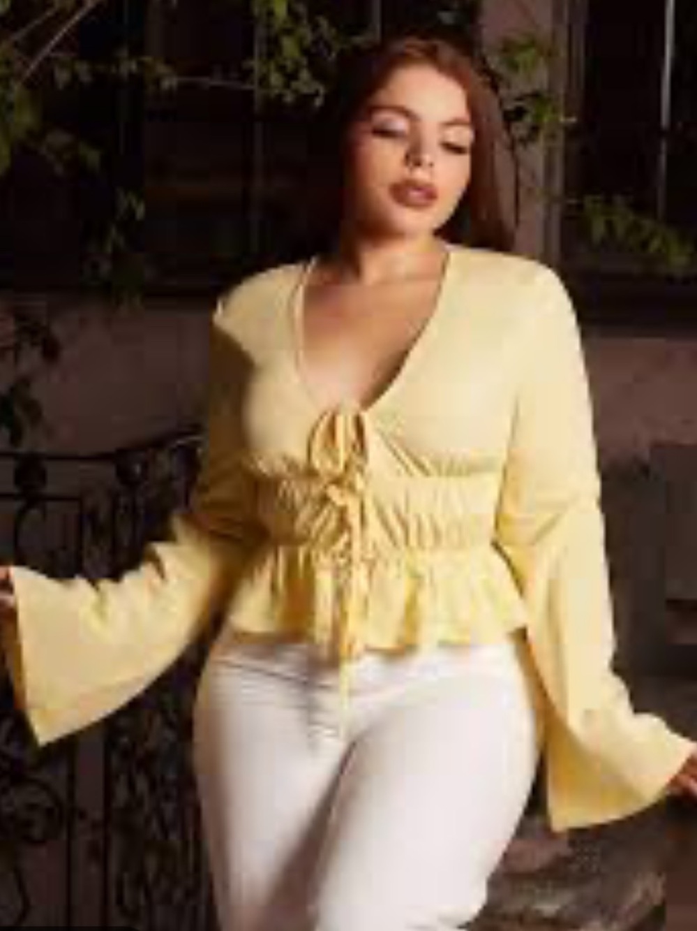 Women’s Size Large Tie Front Blouse Butter Yellow Long Bell Sleeves Semi‎ Sheer